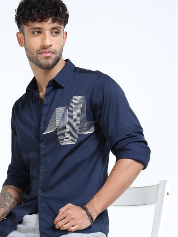 Navy Geometric Line Printed Shirt