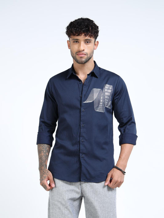 Navy Geometric Line Printed Shirt